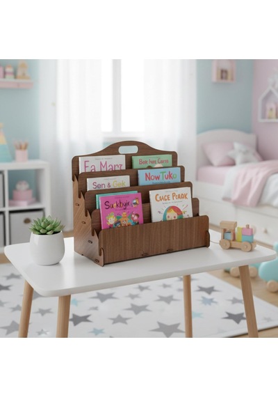 Carry Montessori 4 Raflı Ahşap Mini Kitaplık -çocuk Odası Kitaplık Ceviz Renk Diğer