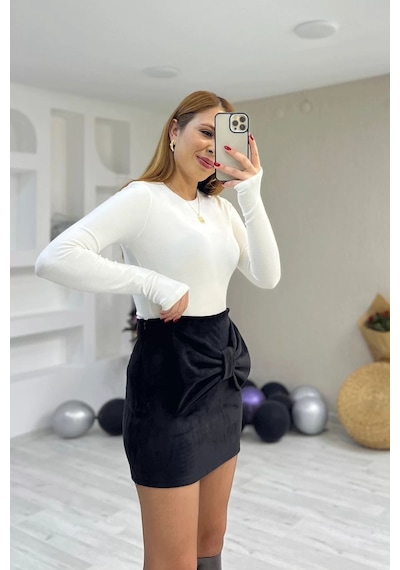 Rouge Basıc Fiyonklu Mini Süet Etek Siyah