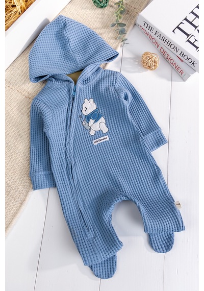Babymod Kapişonlu Ayıcık Desenli 100% Pamuk Erkek Bebek Tulum mavi