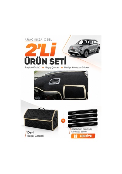Fıat 500l 2013-2017 Uyumlu Torpido Örtüsü + Deri Bagaj Çantası + Sticker Seti - Siyah Bej