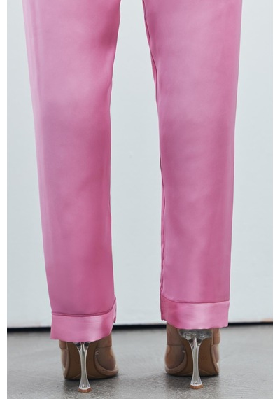 Brûleur Şeker Pembesi Degaje Yaka Askılı Uzun Saten Pijama Takımı Pembe