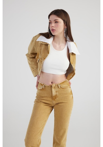 Holly Lolly Mermer Desenli Kırçıl Detaylı Straight Kesim Paça Yırtmaçlı Rusted Jean Pantolon Camel