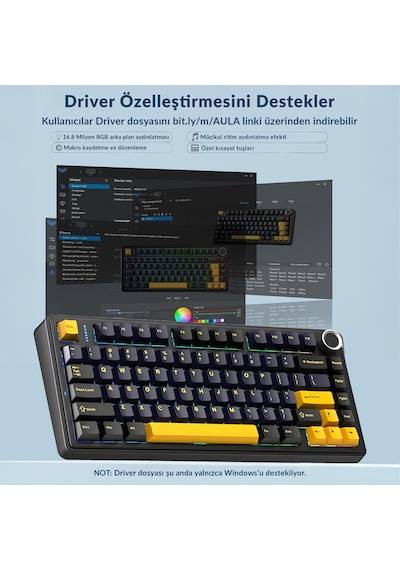 Aula F75 Mekanik Rgb Klavye Tkl Crescent Switch Tri Mode Kablosuz Makrolu Hot Swap Gaming Oyuncu Klavyesi Siyah