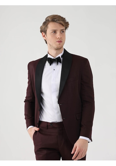 Dufy Bordo Erkek Slim Fit Düz Sivri Yaka Smokin Takım - 92433-bordo Bordo