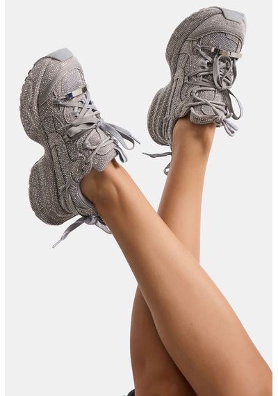 Kadın Silver T11 İthal Işıltılı Taş Kaplama Özel Tasarım Sneaker Ayakkabı Gri