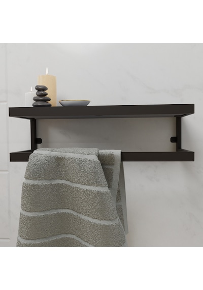 lyla concept Funda Banyo Ahşap Raflı Metal Havlu Şal Askı Antrasit Raflı Siyah