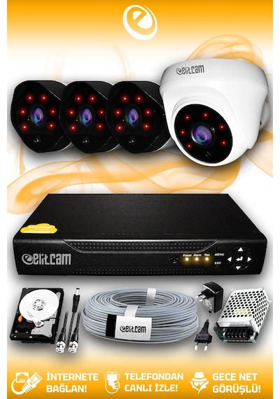 Elitcam 4 Kameralı Uzay 1 İç Kamera Set 2 TB HDD Full HD Gece Görüşlü Güvenlik Kamerası Sistemi