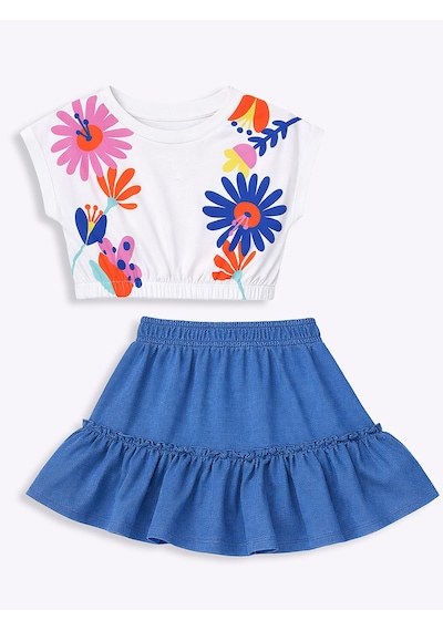 Kız Çocuk Takım Çiçekli Crop Top Etek Takım İlkbahar Yaz 4-10 Yaş