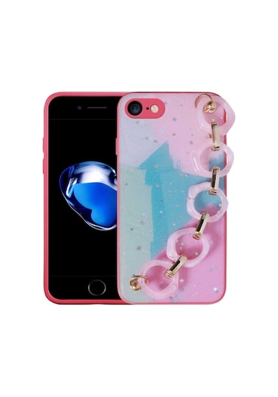 Apple Uyumlu iPhone 7 Kılıf Simli Desenli El Askılı Tutacaklı Zore Elsa Silikon Kapak Pembe Koyu