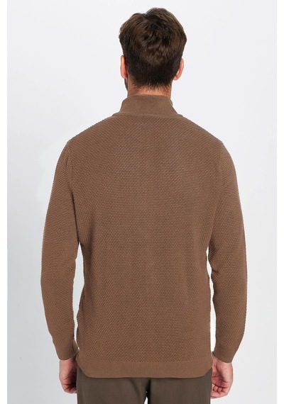 Tudors Erkek Slim Fit Dar Kesim Desenli Yarım Balıkçı Yaka Fermuarlı Kahve Hırka-32614 Kahve Kahverengi