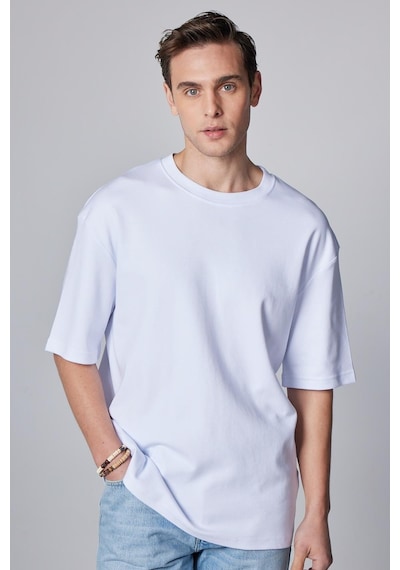 Tudors Unisex Oversize Geniş Kesim Pamuklu Yumuşak Dokulu Basic Bisiklet Yaka Beyaz Tişört-30842-beyaz Beyaz