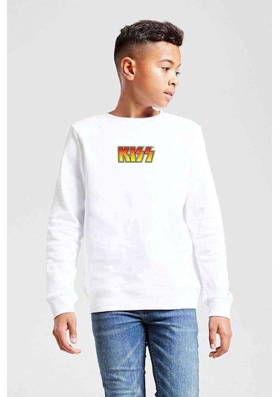 Tshirthane Kiss Logo Baskılı Unisex Çocuk Beyaz Sweatshirt Beyaz