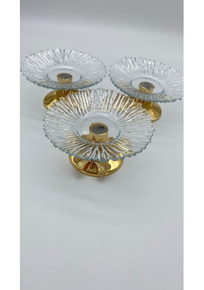 3'lü Kelebek Ayaklı Gold Cam Lokumluk, Şekerlik, Çerezlik, Kahve Yanı Sunumluk 13cm Gold