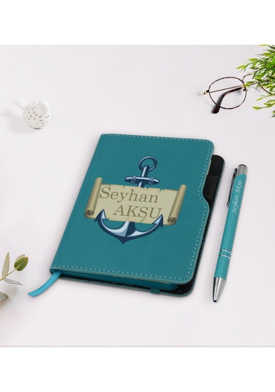 Kişiye Özel Çapa Tasarımlı Turkuaz Termo Deri Defter Kalem Seti-3