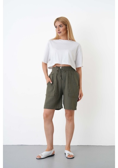 The Voler Müslin Şort Kadın Yüksek Bel Oversize Rahat Kesim Cepli %100 Pamuklu Yazlık Şort Haki The Voler Müslin Şort Kadın Yüksek Bel Oversize Rahat Kesim Cepli %100 Pamuklu Yazlık Şort Haki
