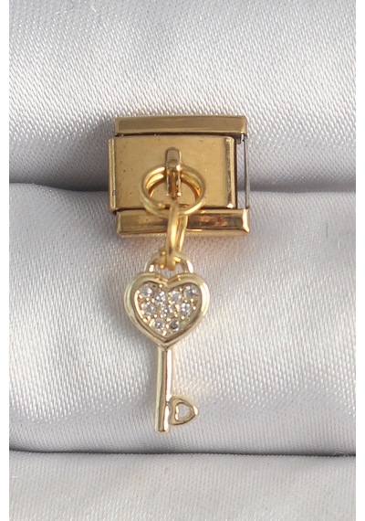 316l Çelik Gold Renk Sallantı Zirkon Taşlı Kalpli Anahtar Model Nomination Charm Standart