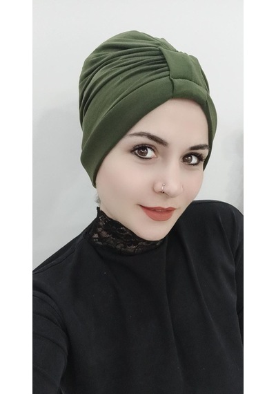 Kadın Tesettür Çapraz Bone Haki Altın