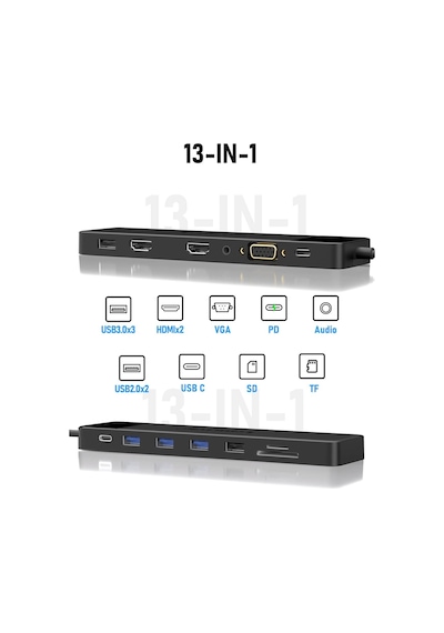 Lemorele Tc200, 13 İn 1 Type-c Hub Docking Çoklayıcı Çift Hdmı Vga Ethernet Rj45 100w Pd Şarj Usb Çoğaltıcı