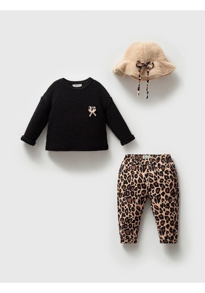 Noynoy Baby Kız Bebek Leopar Desenli 3'lü Takım Noy-9349 Siyah