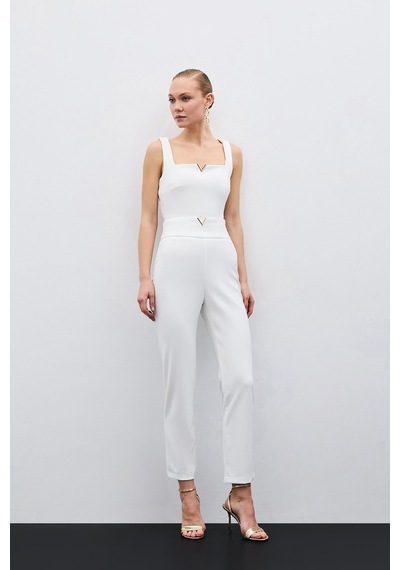 Sateen Bel Aksesuarlı Pantolon - Ekru-135480 Ekru
