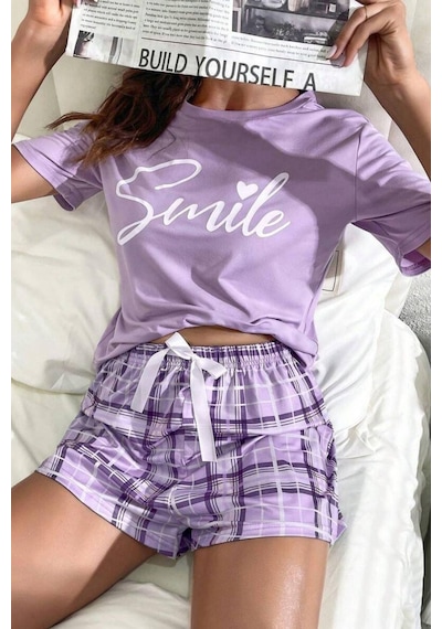 Bella Notte Spor Lila Ekoseli Şortlu Pijama Takımı Mor