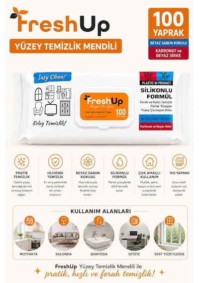 Freshup Yüzey Temizlik Mendili 6 Adet 100'lü 600 Yaprak Beyaz