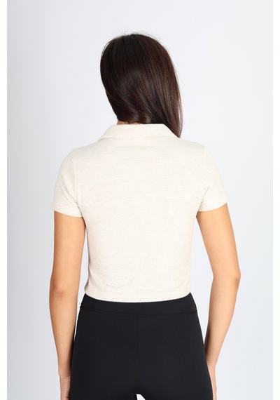 Soft&Basic Polo Yaka Jakar Crop Fit T-shirt Bej