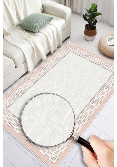 Çerçeveli Modern Kaymaz Taban Makinede Yıkanabilir Halı Oturma Odası Salon Halı Koridor Halı Pembe