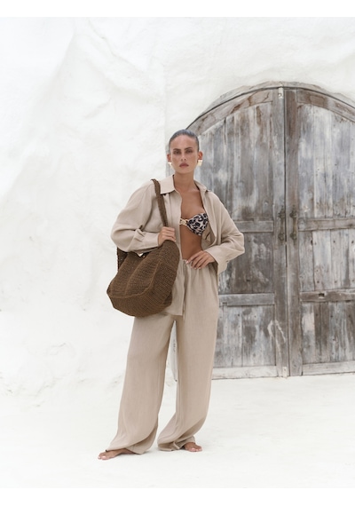 Mai Collection Mai Studios Co. Jelsomina Oversize Bej Keten Gömlek Pantolon Takım Bej