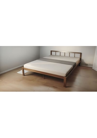140cm X 200cm Masif Ahşap Yuvarlak Çıtalı Başlıklı Karyola Ceviz