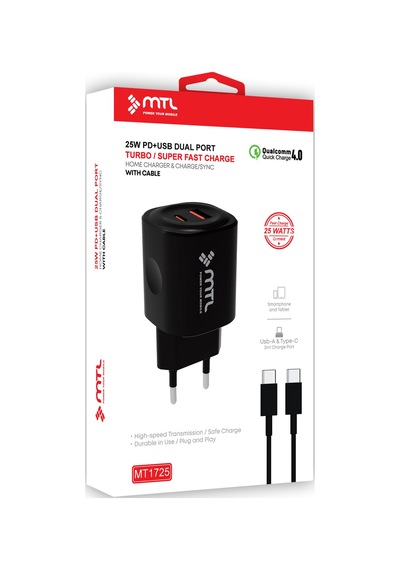 25w Pd + Usb Çift Çıkışlı Adaptör Ve Type-c Kablo Hızlı Şarj Seti Mt1725