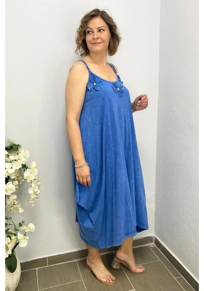 Mia Butik Büyük Beden Mavi Pamuklu Şalvar Kesim Çiçekli Elbise Mavi