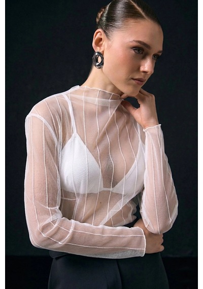 Sateen Çizgili Transparan Bluz Beyaz