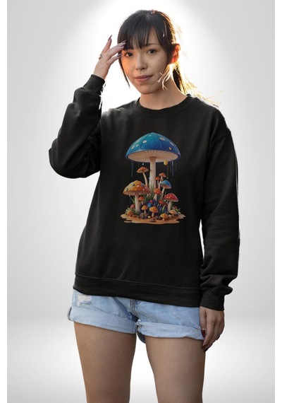 Renkli Mantar Süsler Unisex Siyah Baskılı Sweatshirt Siyah