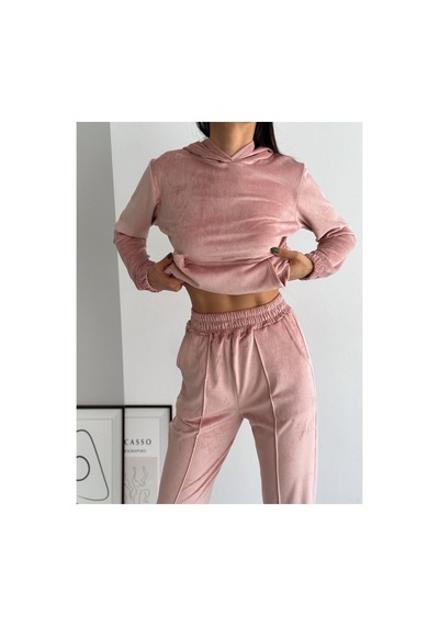 Winmoda34 Kadife Eşofman Takımı Kapişonlu Fransız Kadife Yumoş Toz-pembe