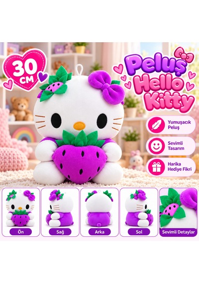 Oyuncak Hello Kitty Peluş Orta Boy Yumuşak Sevimli Hediyelik Oyun Arkadaşı 30 Cm Mor