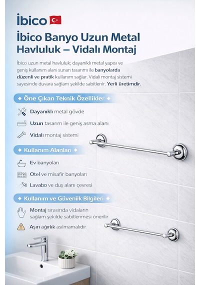 İbico Banyo Uzun Metal Havluluk Vidalı Montaj Metal