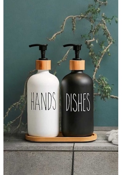 Buççin Online Mağaza 2 Li Hands Dishes Siyah Beyaz Dekoratif Mutfak Banyo Sıvı Cam Sabunluk Seti 500ml Bambu Stantlı Set Çok Renkli