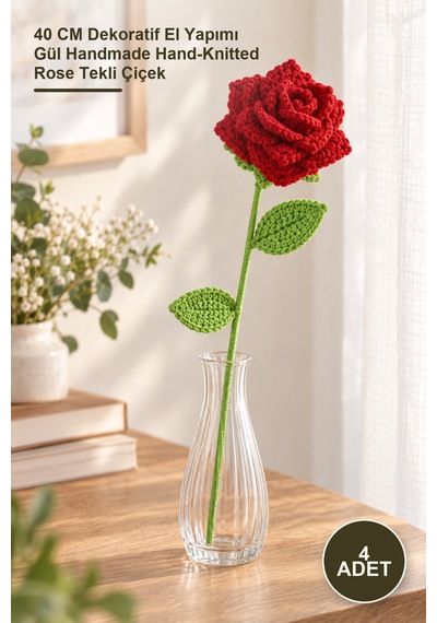 4 Adet El Örgüsü Tekli Gül 40 Cm Dekoratif El Yapımı Gül Handmade Hand-knitted Rose Tekli Çiçek
