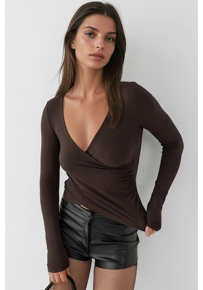 Hiccup Yumuşak Dokulu Slim Fit V Yaka Uzun Kollu Üst Koyu Mocha Kahve