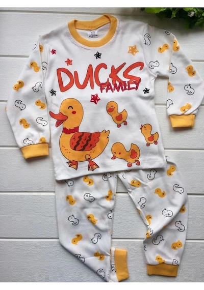 Bilge Trend Kız Erkek Bebek Çocuk Ördek Baskılı Pijama Takımı %100 Cotton Beyaz