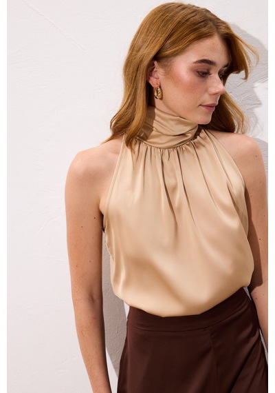 Sateen Boğazlı Kolsuz Bluz - Camel-136544 CAMEL
