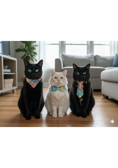 Flypet Renkli Çiçek Desen 3lü Set Papyon + Fular+ Kravat Kedi Tasma & Yavru Köpek Tasma 13cm-24cm