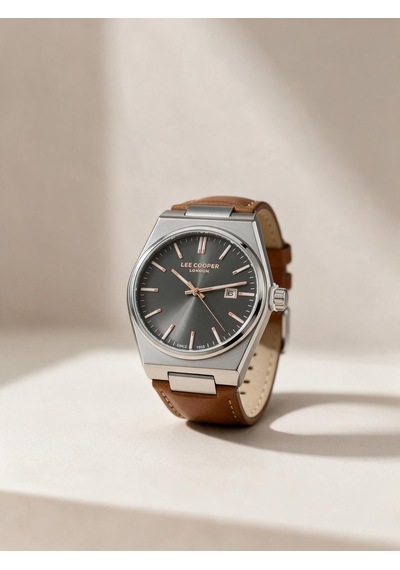 Lee Cooper Taba Deri Kayış Füme Kadran 40 Mm Yuvarlak Erkek Kol Saati, Bileklik Hediyeli Gümüş