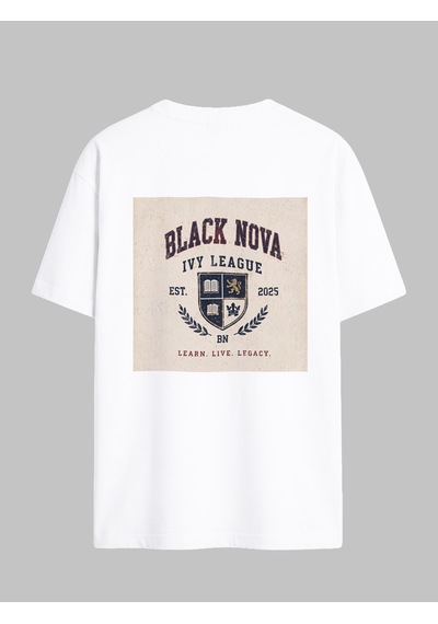 Black Nova Oversize Baskılı Unisex Tişört Ivy League Beyaz