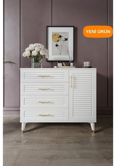 Panjurlu 4 Çekmeceli 1 Kapaklı Şifonyer Modern Tasarım, Mdf Kapak, Beyaz Gold Beyaz - Gold