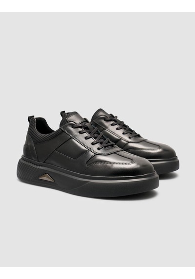 %100 Deri Siyah Taban Armalı Erkek Sneaker Ayakkabı Siyah