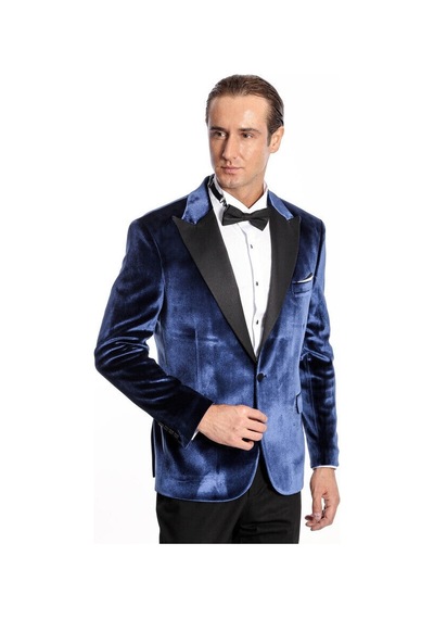 Wessi Kadife Slim Fit Mavi Erkek Smokin Ceket Mavi