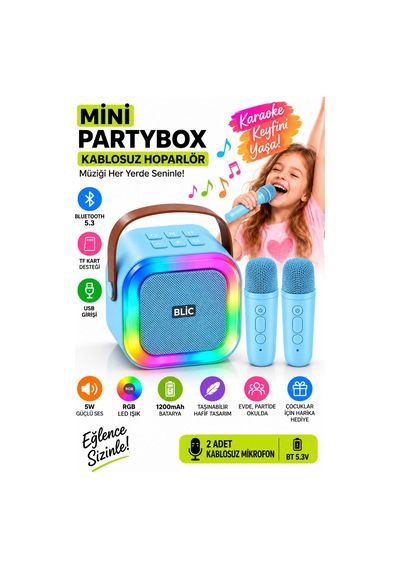 Blic Bls-97 Mavi Partybox Çift Kablosuz Mikrofonlu Rgb Led Işıklı Taşınabilir Bluetooth Hoparlör