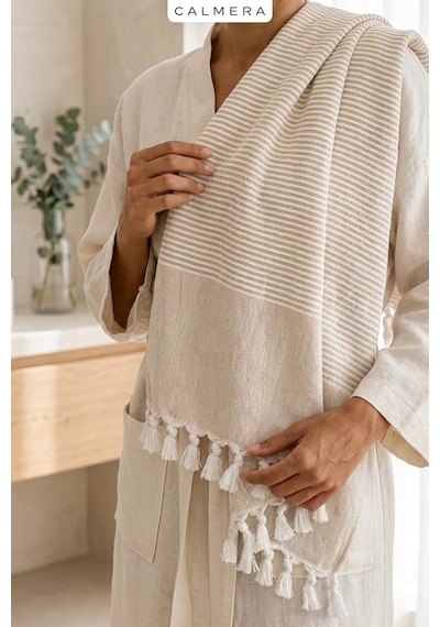 Calmera Çizgili Peştemal Pamuk - Doğal Saçaklı Plaj, Deniz, Havuz, Spa, Sauna, Spor, Seyahat Havlu - Bej